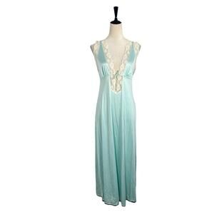 Vintage 60s Kayser Full Length Nylon Nightgown Blue Lace Trim Dainty Medium